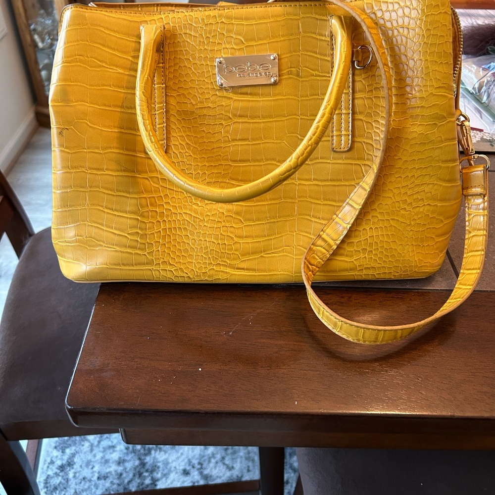 Bebe Mustard Croc-Embossed Satchel